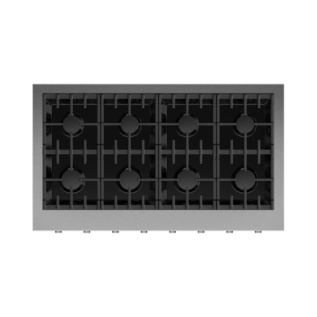 Top-down view of a stainless steel Fisher & Paykel 48-inch gas rangetop with eight burners and continuous grates