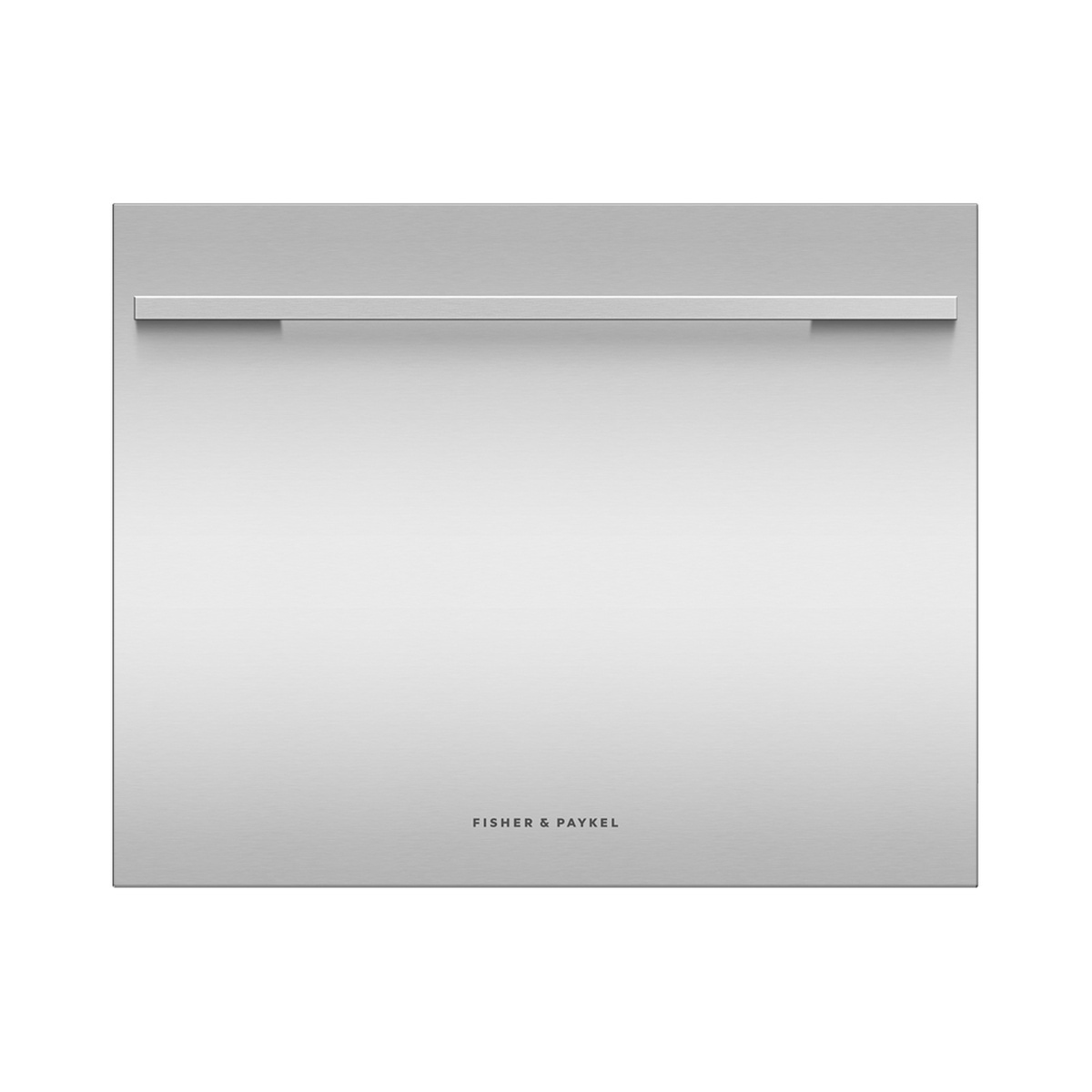 Front view of a stainless DishDrawer panel with a long horizontal handle and Fisher and Paykel logo