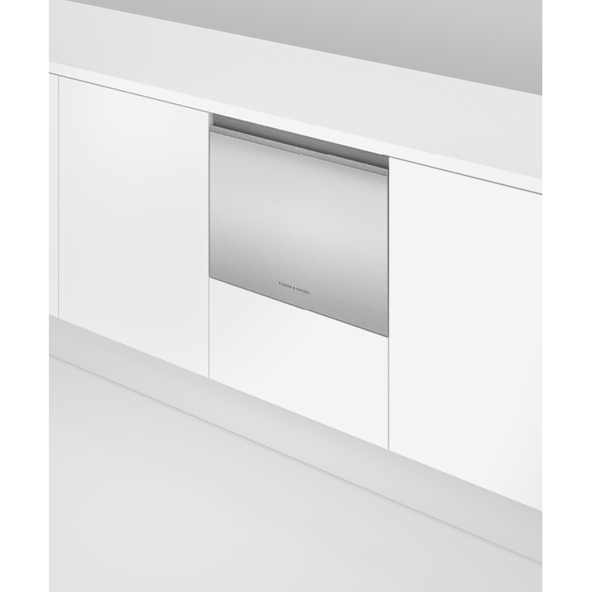 Fisher & Paykel DishDrawer dishwasher installed flush under a kitchen countertop with a stainless front panel and recessed handle.