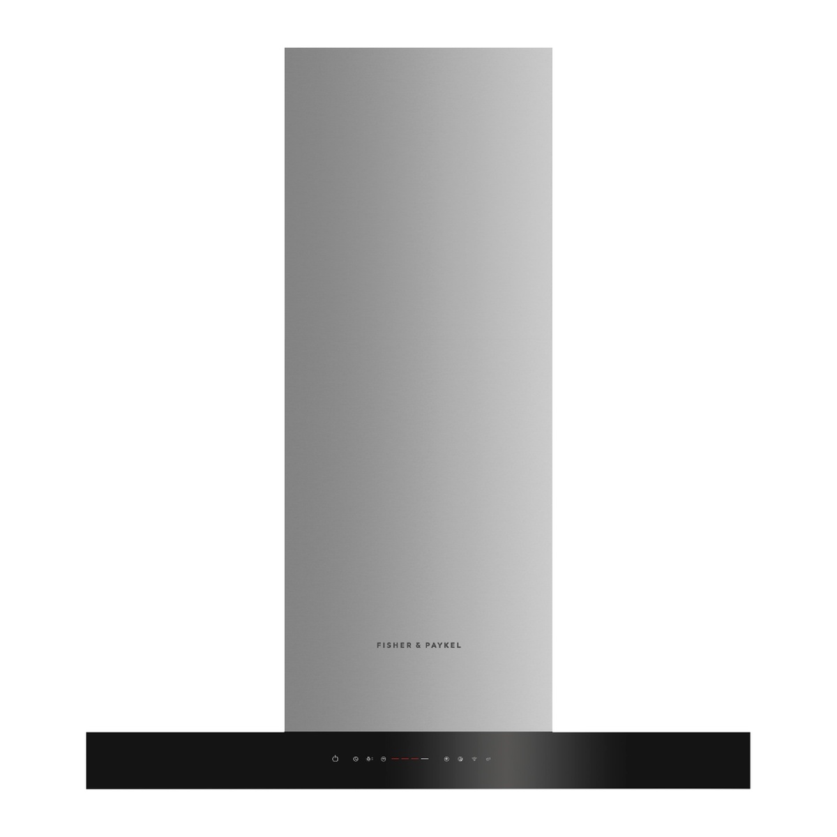 Front view of a Fisher & Paykel box chimney wall range hood in stainless steel with a black glass canopy and a slim touch-control strip