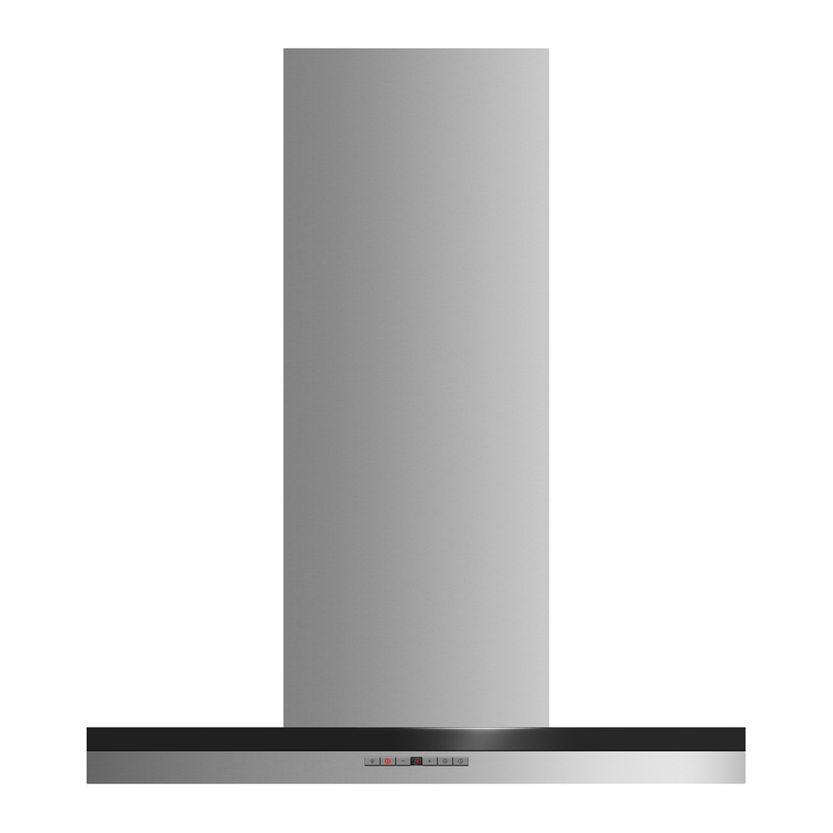 Fisher & Paykel stainless steel box chimney wall range hood with a black glass canopy and front control buttons
