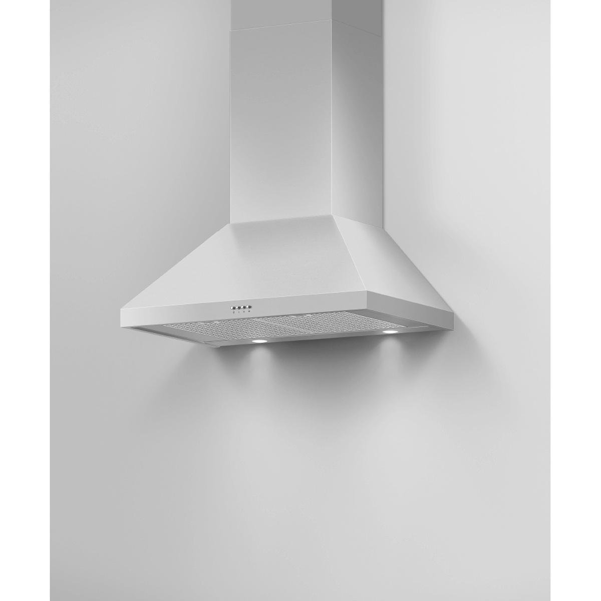 Angled underside view of a stainless pyramid chimney wall range hood with mesh filter panel, two LED lights, and front push button controls