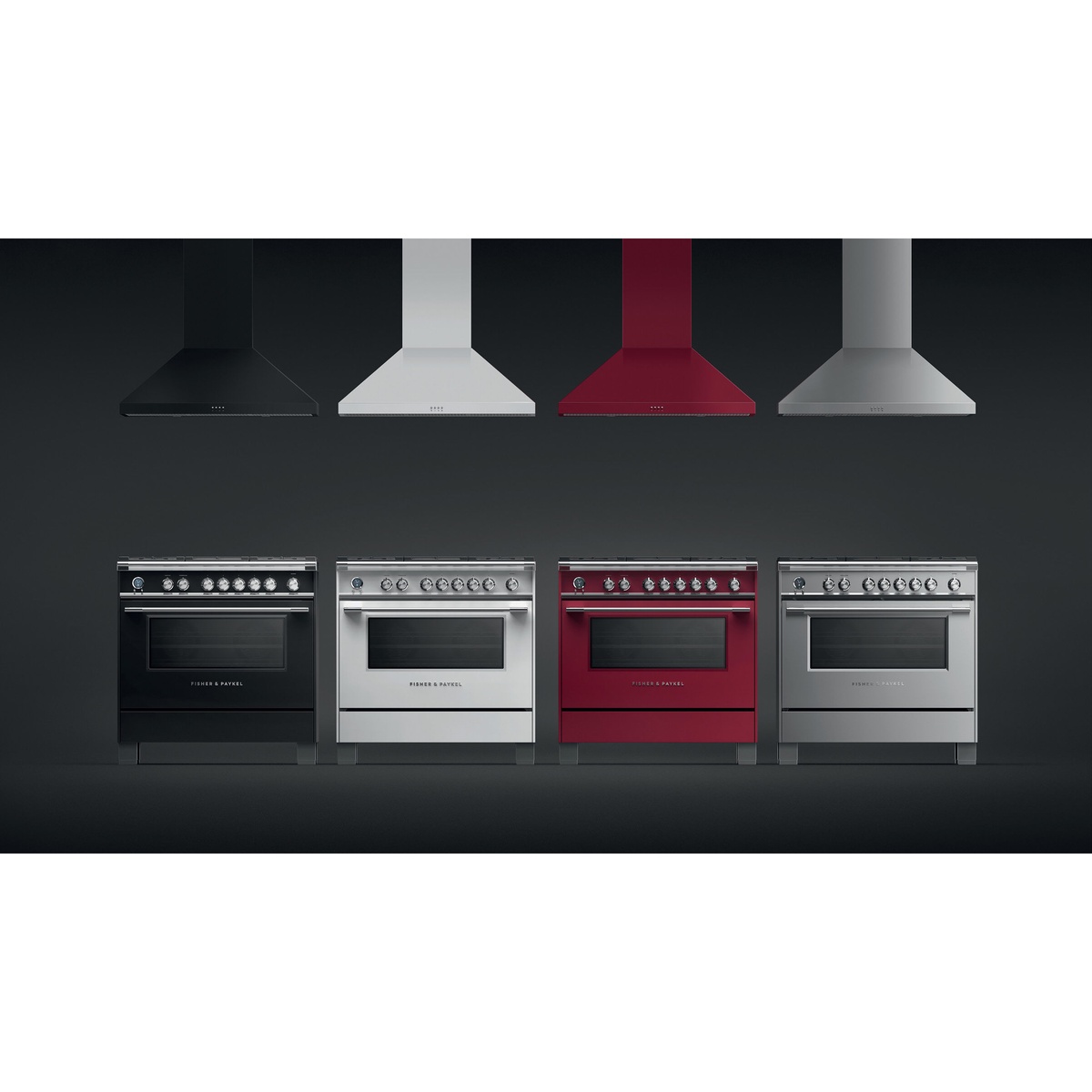 A lineup of Fisher and Paykel ranges with matching pyramid chimney range hoods in multiple finishes