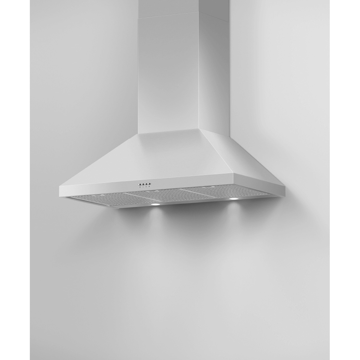 Angled view of a stainless steel pyramid chimney wall range hood showing the mesh filter underside, push-button controls, and two lights