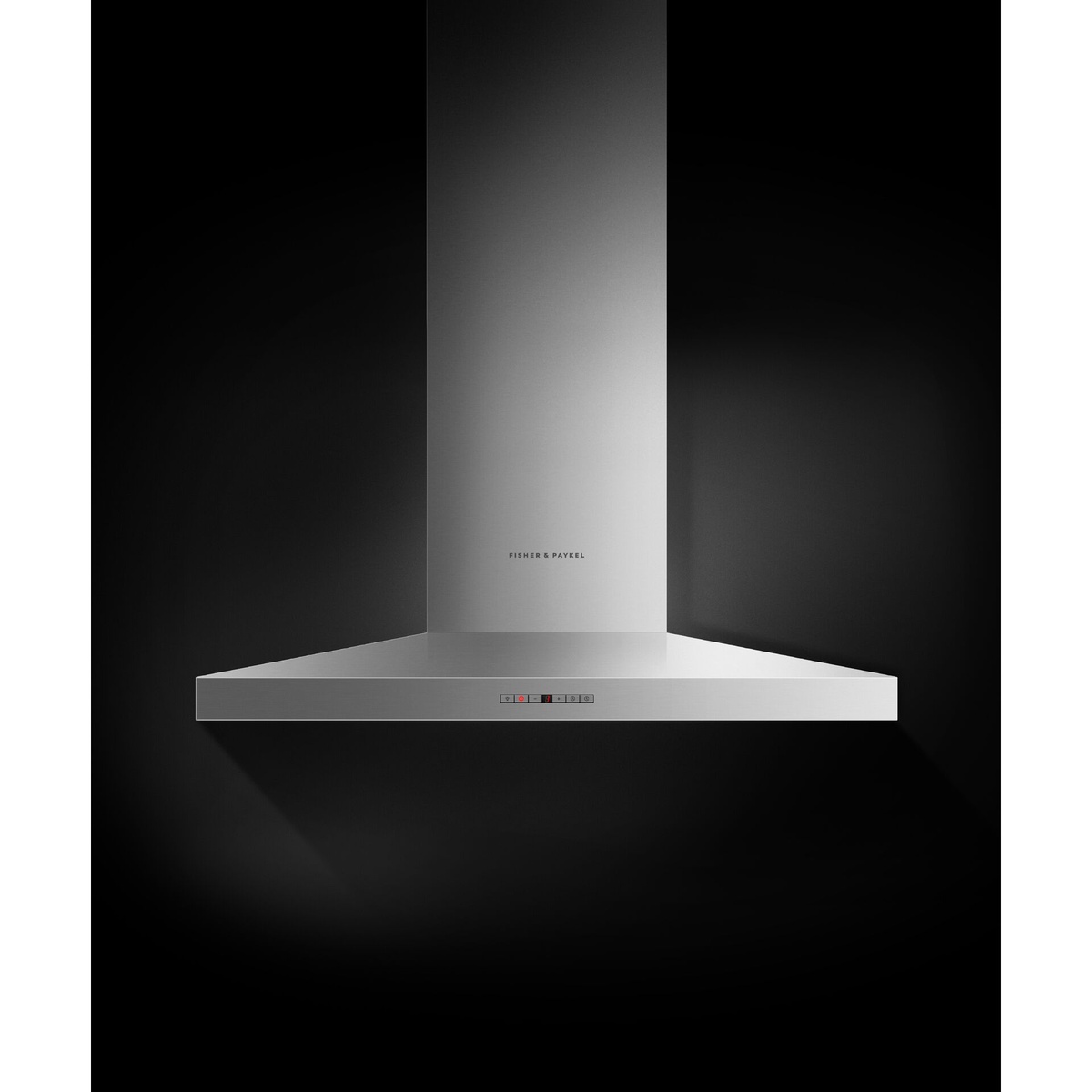 Front view of a stainless Fisher & Paykel pyramid chimney wall range hood with a slim centered control panel