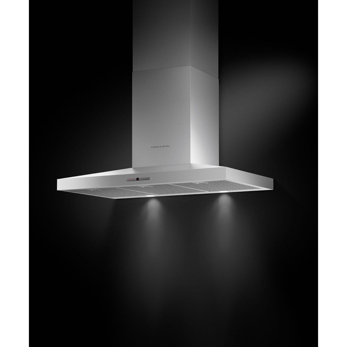 Angled view of a stainless pyramid chimney wall range hood showing the mesh filter underside, control strip, and two lights