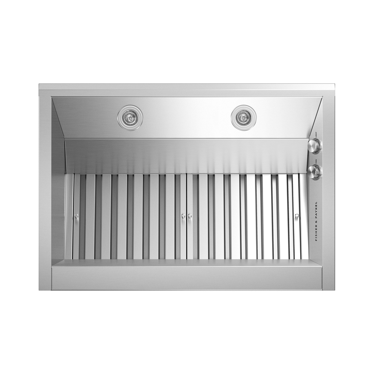 Underside view of the stainless steel wall range hood showing baffle filters, two lights, and two control knobs