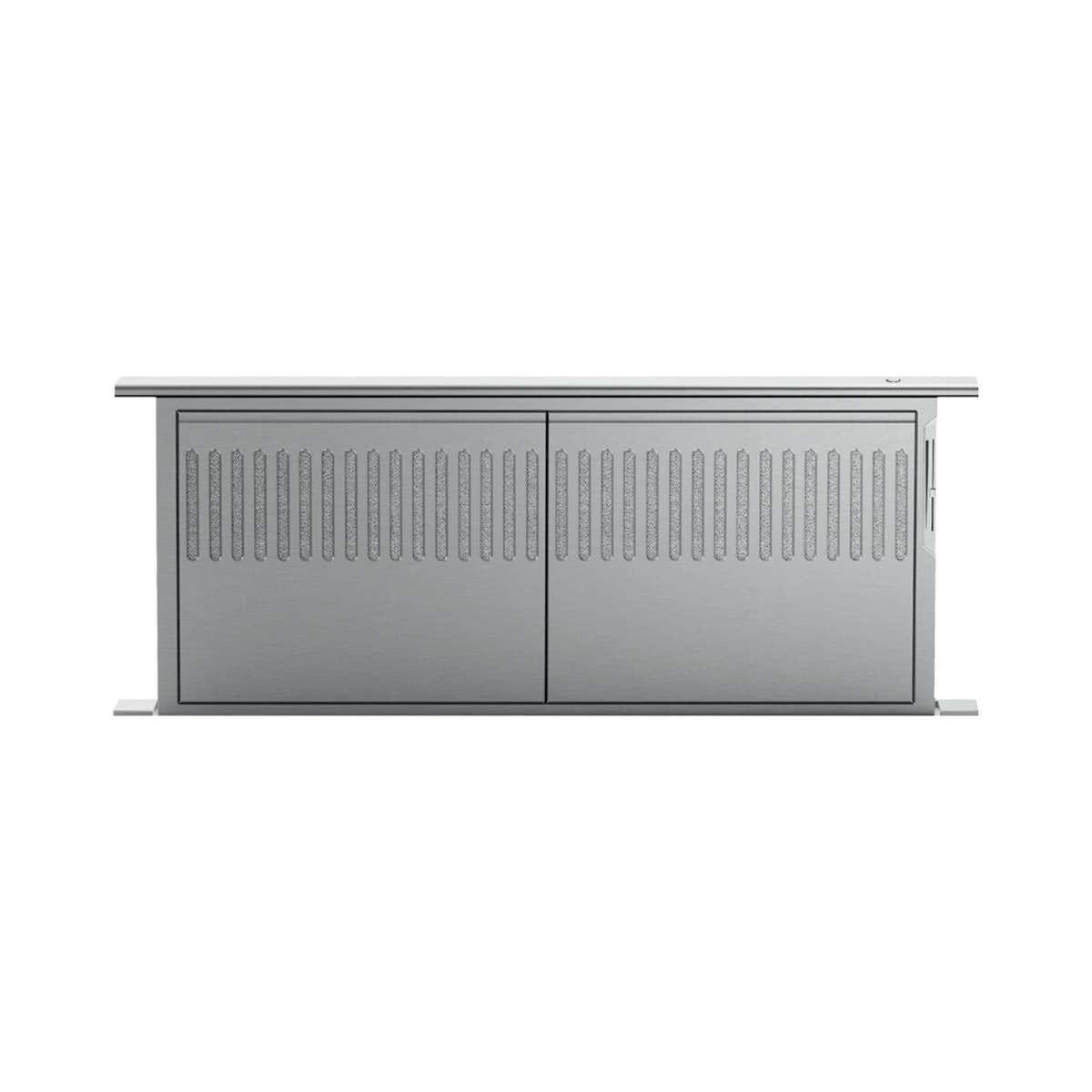 Front view of a stainless steel downdraft vent panel with perforated intake sections