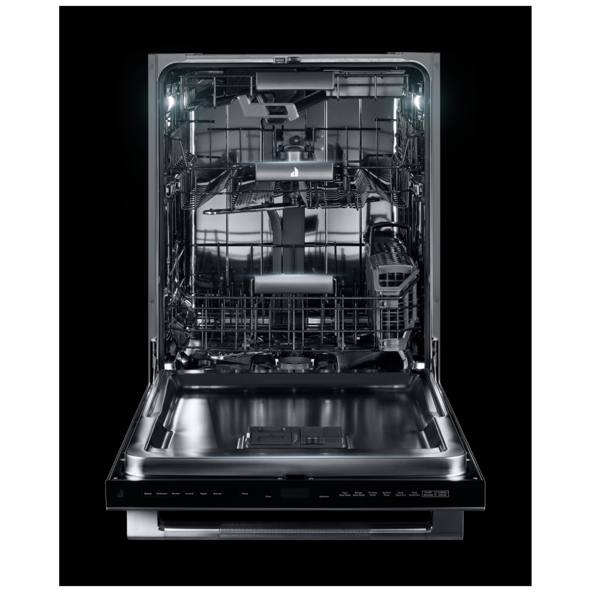 Open JennAir dishwasher showing stainless-steel tub, three racks, interior lights, and top-edge touch controls