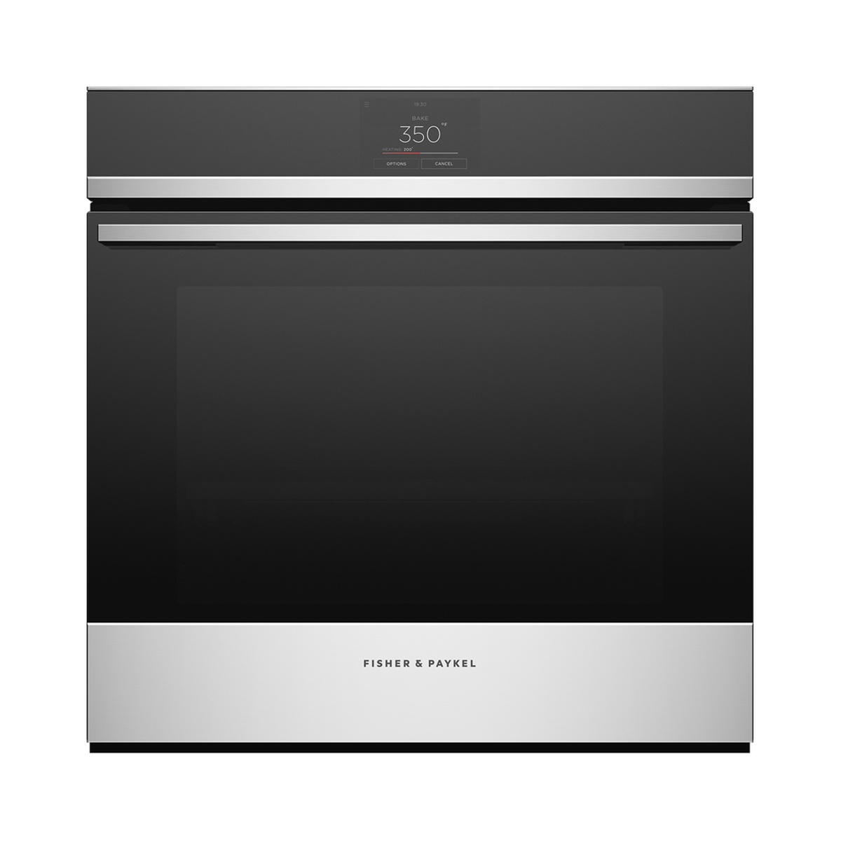 Front view of Fisher & Paykel 24-inch wall oven with black glass door, stainless trim, and a touchscreen control panel