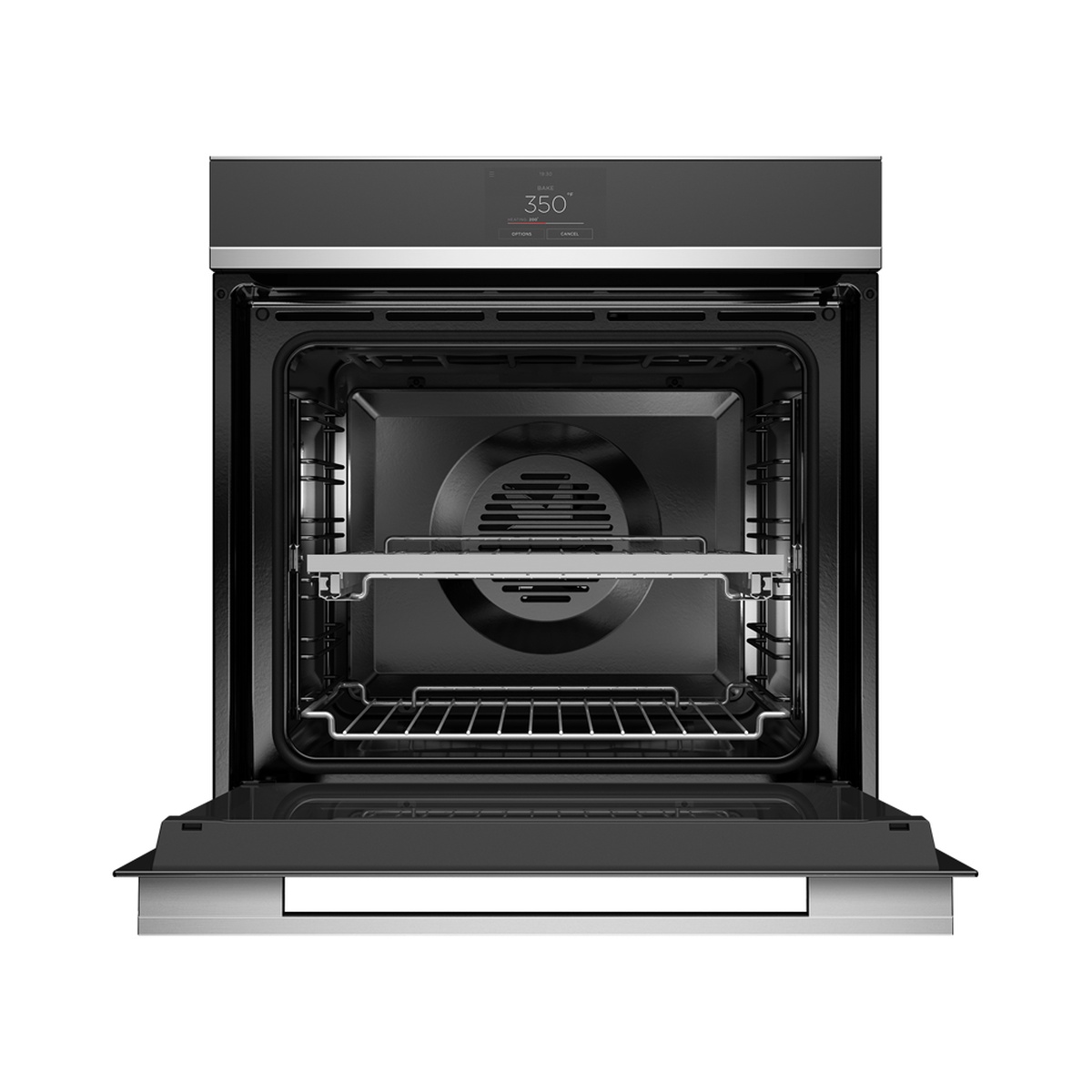 Fisher & Paykel 24-inch wall oven with the door open, showing the cooking cavity, fan cover, and two oven racks including a sliding shelf