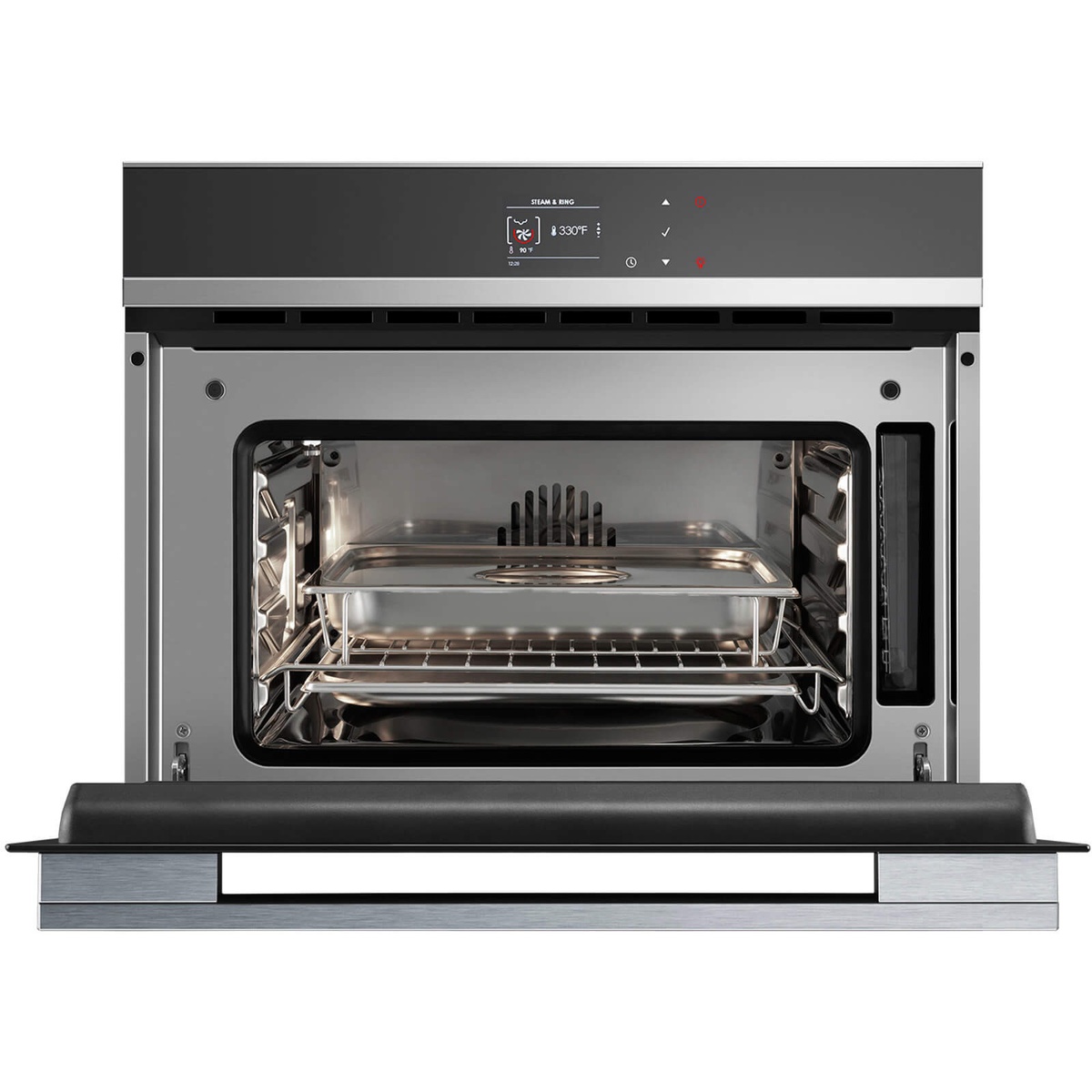 Fisher & Paykel built-in steam oven with the door open, showing the touch display, interior racks, and cooking tray