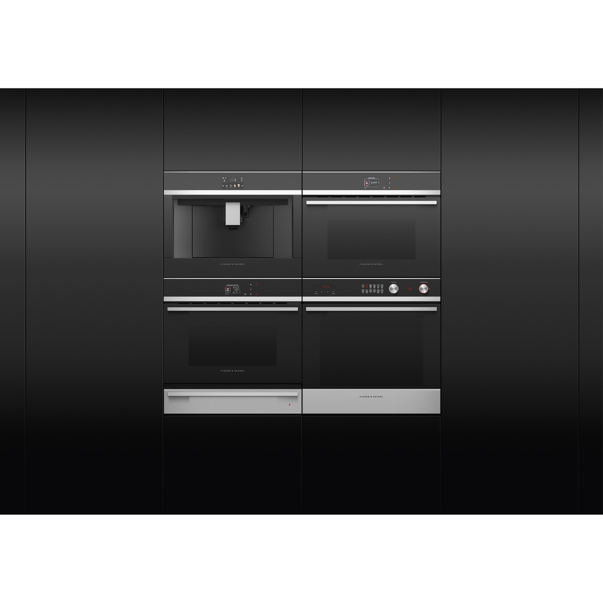 Built-in Fisher & Paykel appliance wall stack installed in a modern dark kitchen