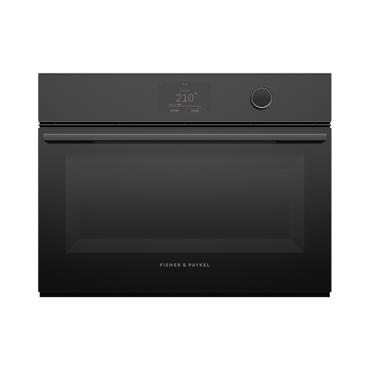 Front view of Fisher & Paykel 24-inch Series 9 Minimal compact oven in black glass with center touchscreen and right-side control dial
