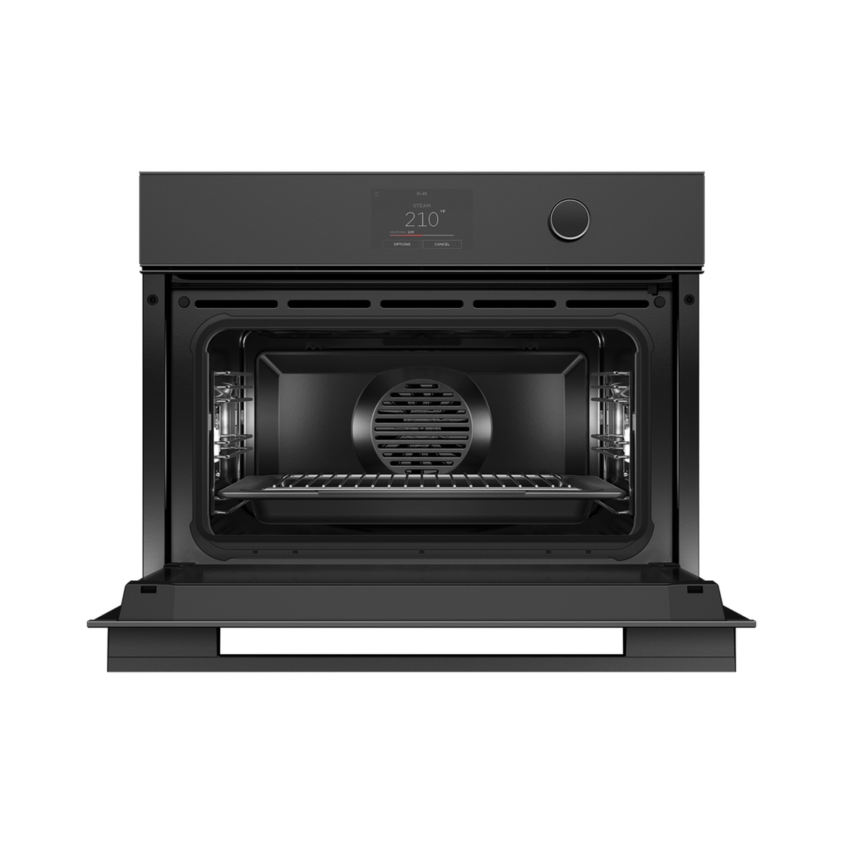 Fisher & Paykel black glass compact oven shown open with interior wire shelf and rear fan cover