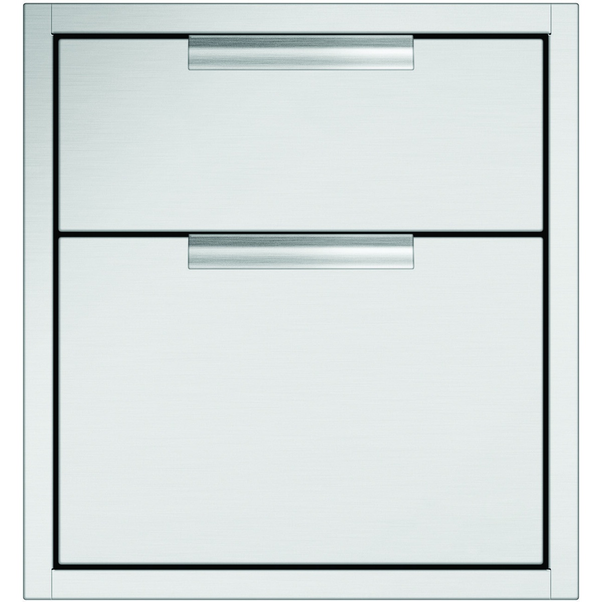 Front view of a built-in stainless steel double outdoor storage drawer with two horizontal handles