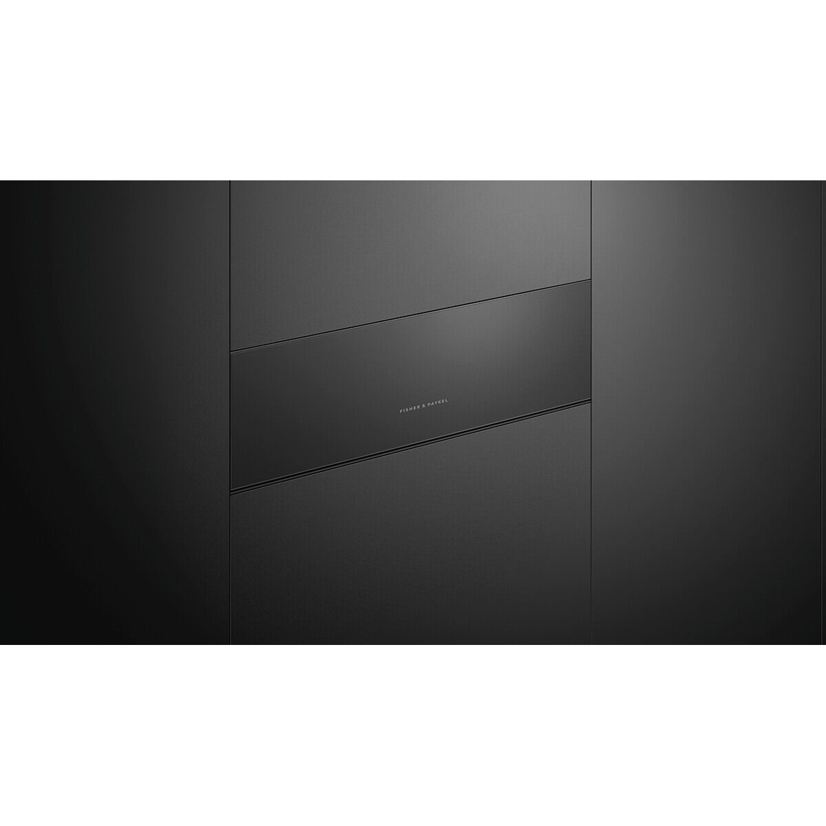 Fisher and Paykel black vacuum seal drawer installed flush within dark kitchen cabinetry