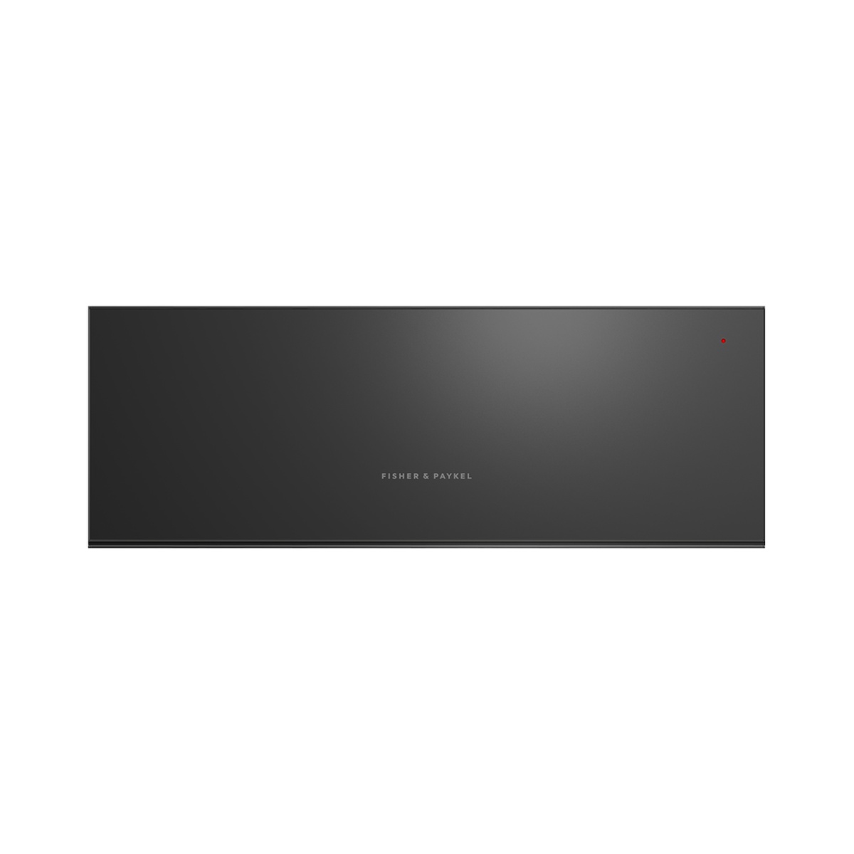 Front view of a black Fisher & Paykel Minimal warming drawer with a smooth handleless panel and small status light