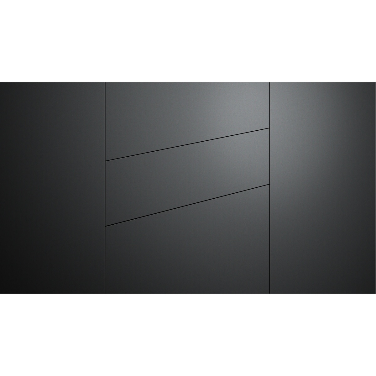 Panel-ready drawer front integrated flush within dark kitchen cabinetry