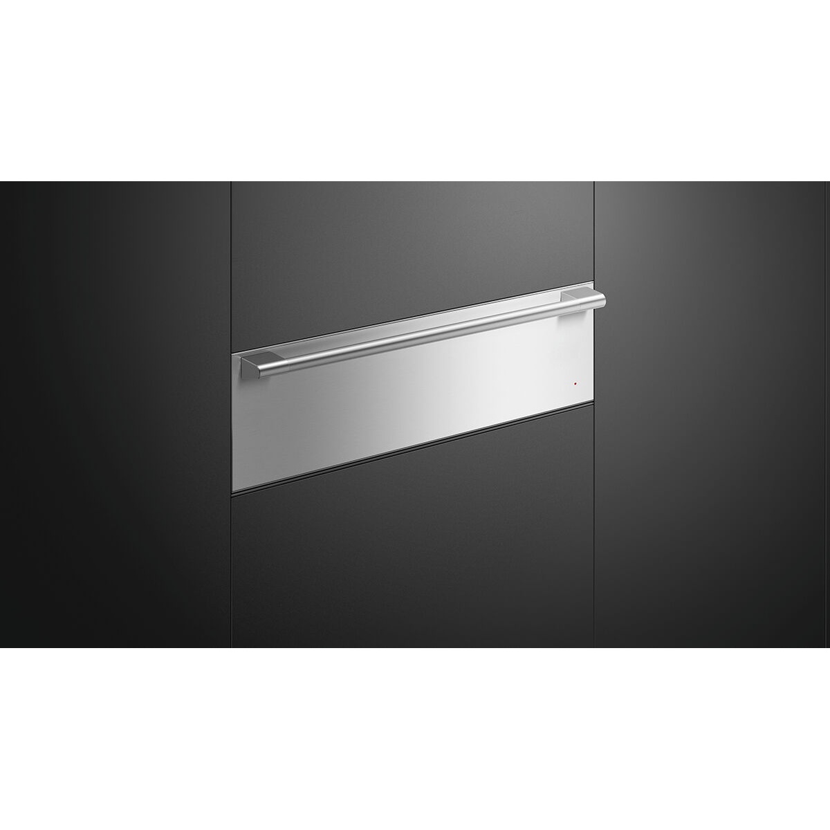 Stainless steel warming drawer installed flush in dark cabinetry with a full-width bar handle