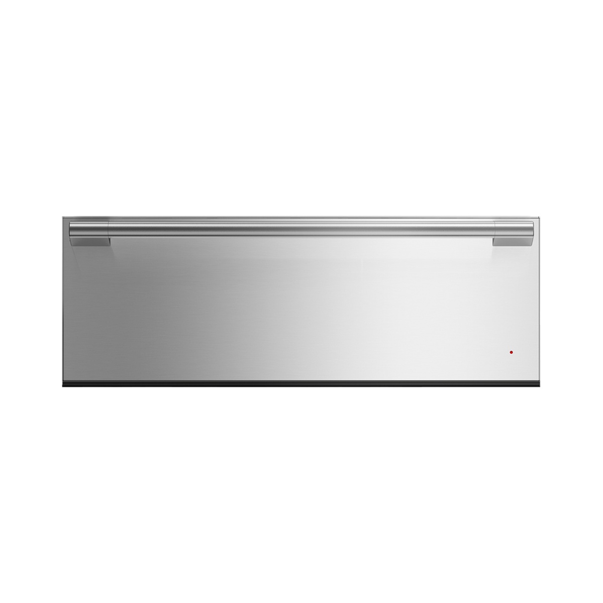 Front view of a stainless steel Fisher & Paykel warming drawer with a straight bar handle