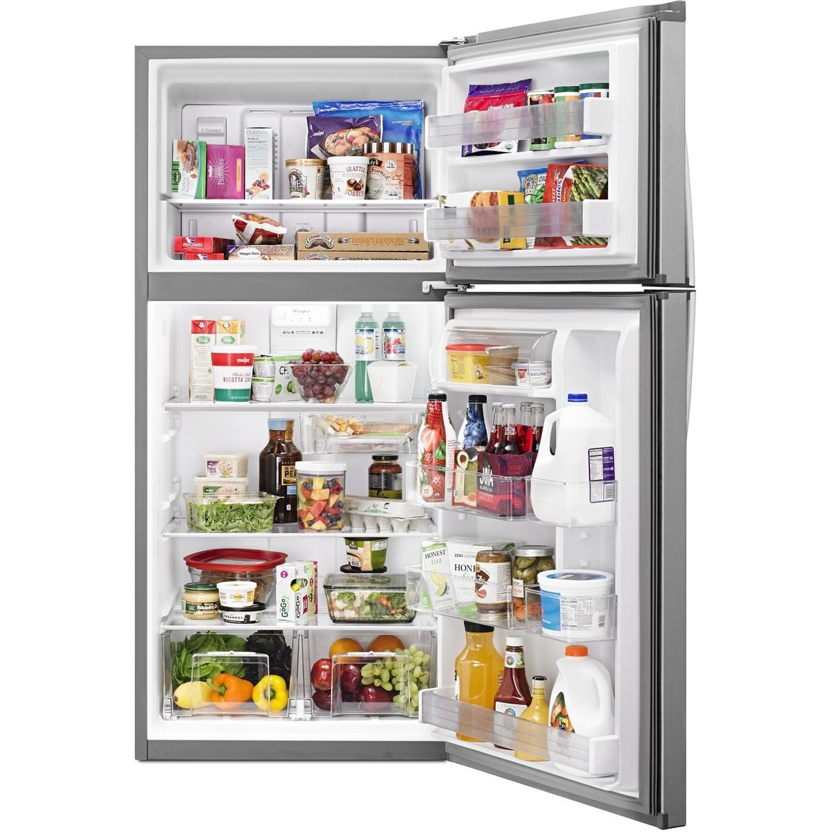 Open Whirlpool top-freezer refrigerator showing glass shelves, multiple clear door bins, two crisper drawers, and freezer shelf storage