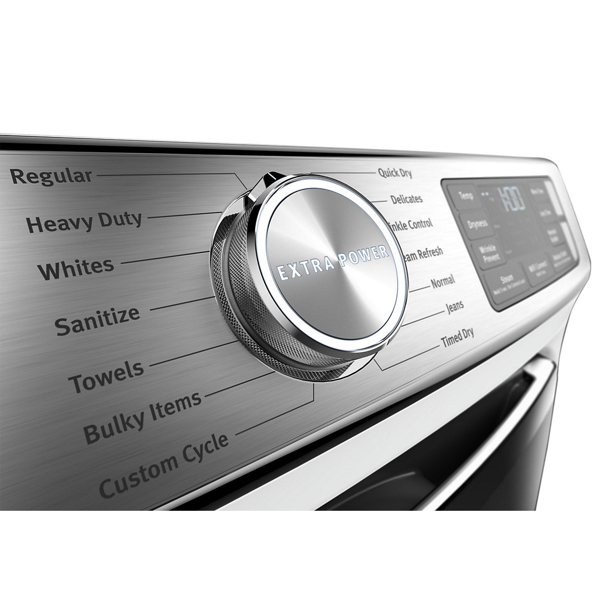 Close-up of the Maytag dryer control knob labeled Extra Power with cycle names like Regular, Heavy Duty, Whites, and Bulky Items