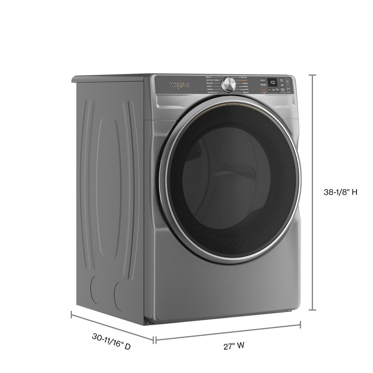 Angled view of the Whirlpool radiant silver front-load dryer with width, depth, and height measurements shown