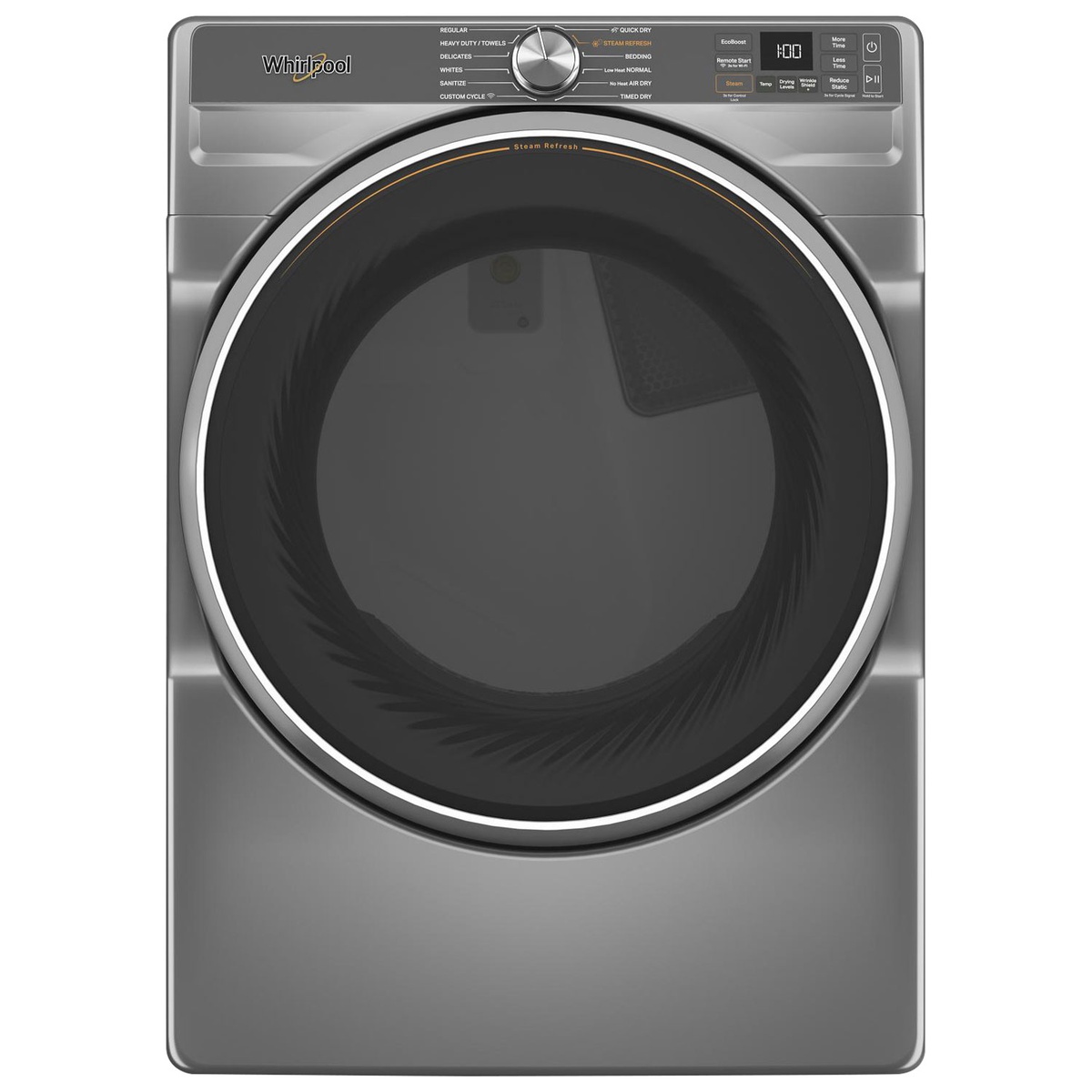 Front view of the Whirlpool dryer showing the central cycle dial, digital display, and option buttons