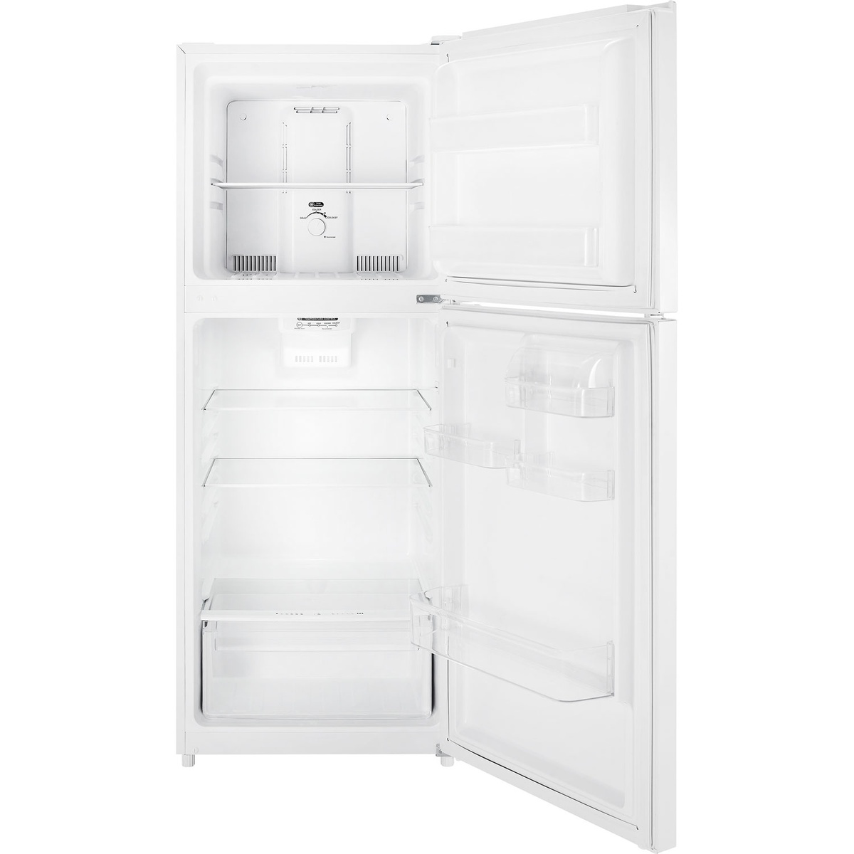 Open Insignia top-freezer refrigerator showing freezer shelf, glass refrigerator shelves, door bins, and a bottom crisper drawer