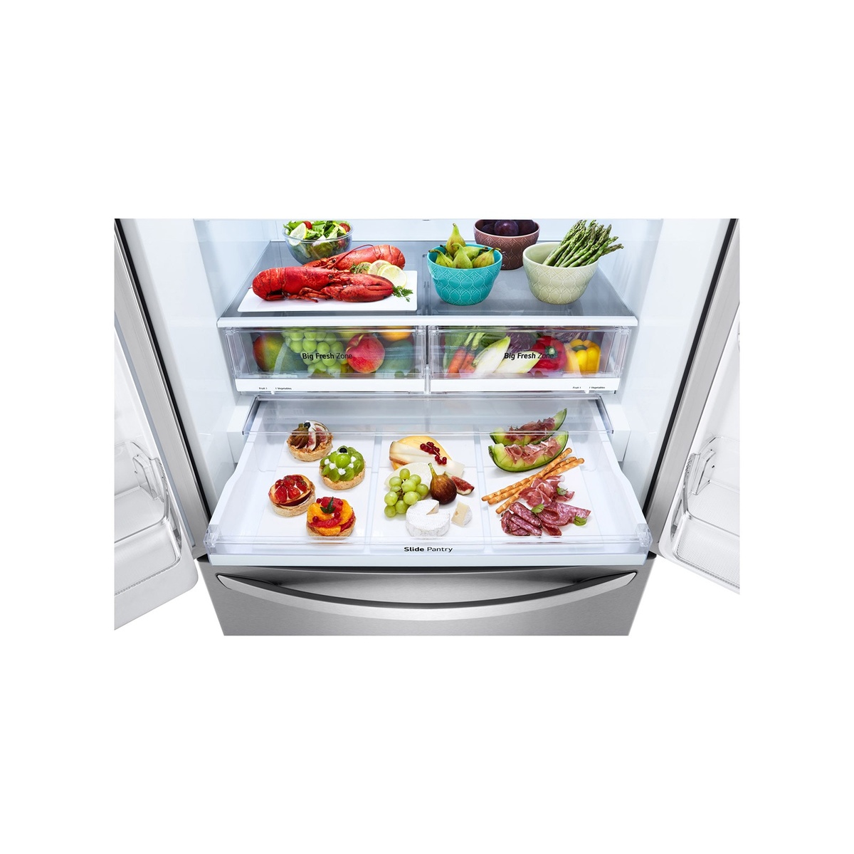 Close-up of the refrigerator interior showing two clear produce drawers labeled Big Fresh Zone above a full-width slide-out pantry drawer