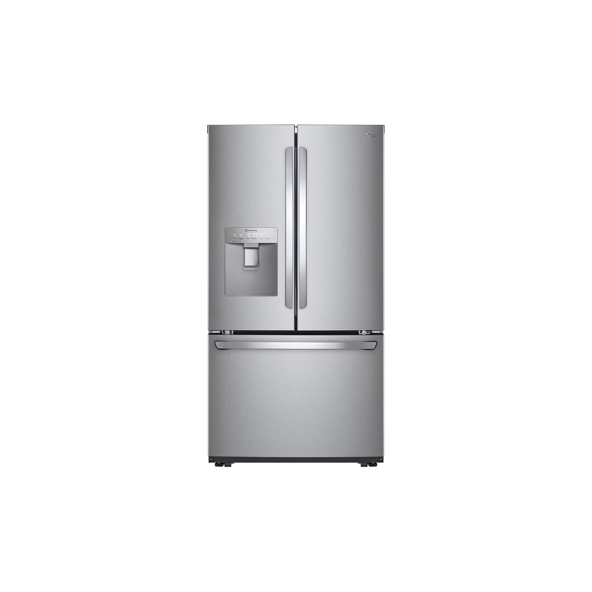 Front view of an LG stainless steel French door refrigerator with an external water dispenser and bottom freezer drawer