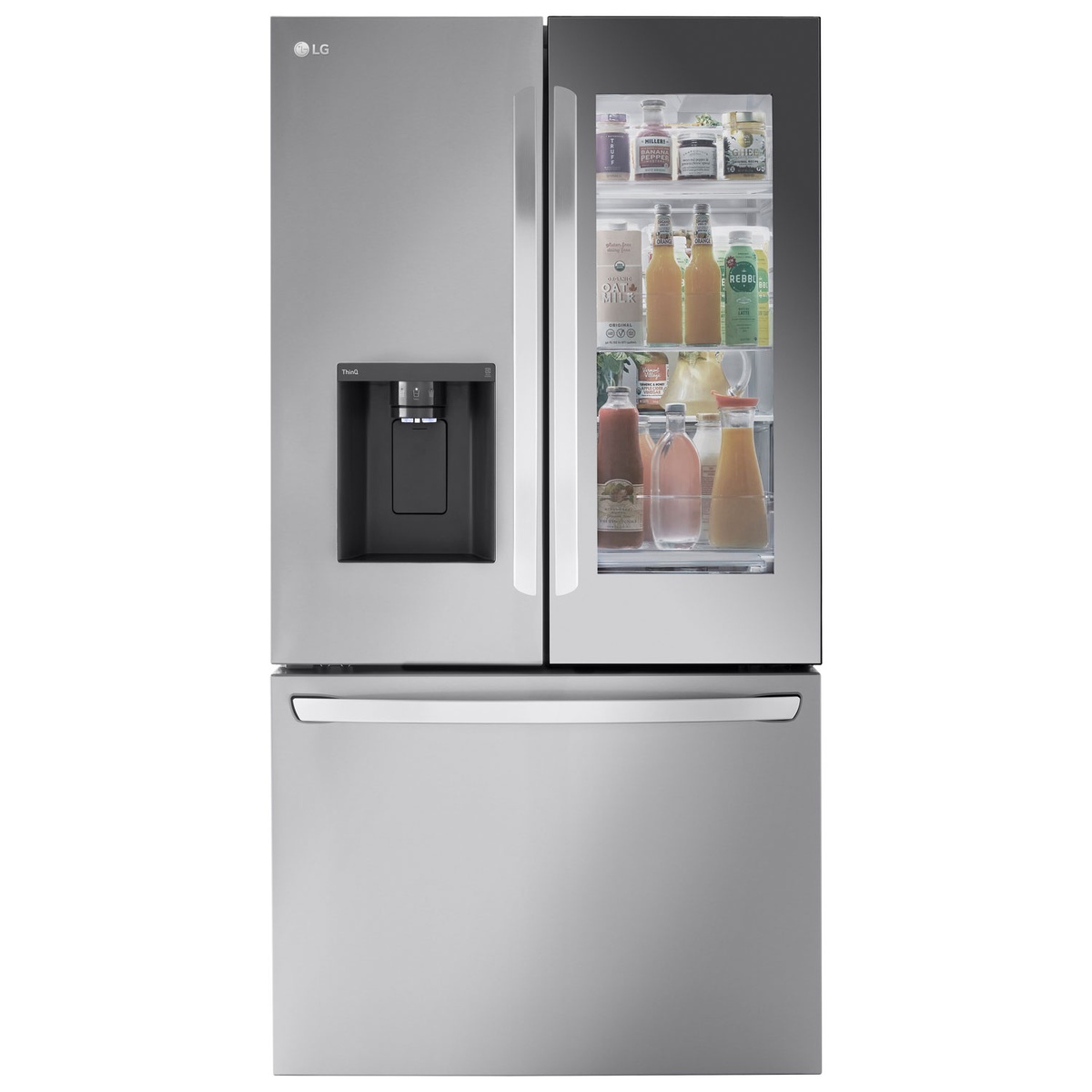 Front view of LG stainless French door refrigerator with Mirror InstaView window and external water and ice dispenser