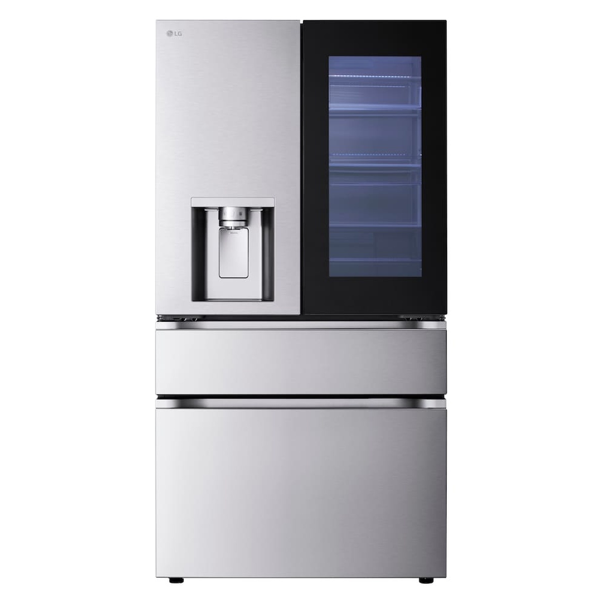 Front view of an LG 4-door refrigerator in stainless steel with an external ice and water dispenser and a right-side glass panel door