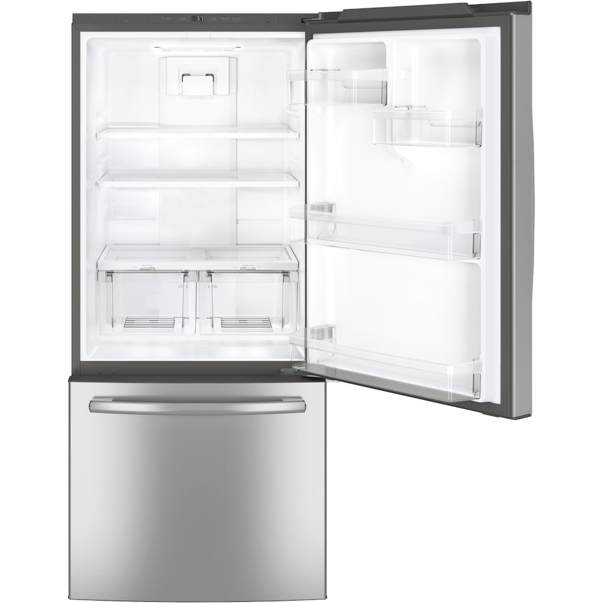 Open GE bottom-freezer refrigerator showing adjustable shelves, door bins, and two clear crisper drawers
