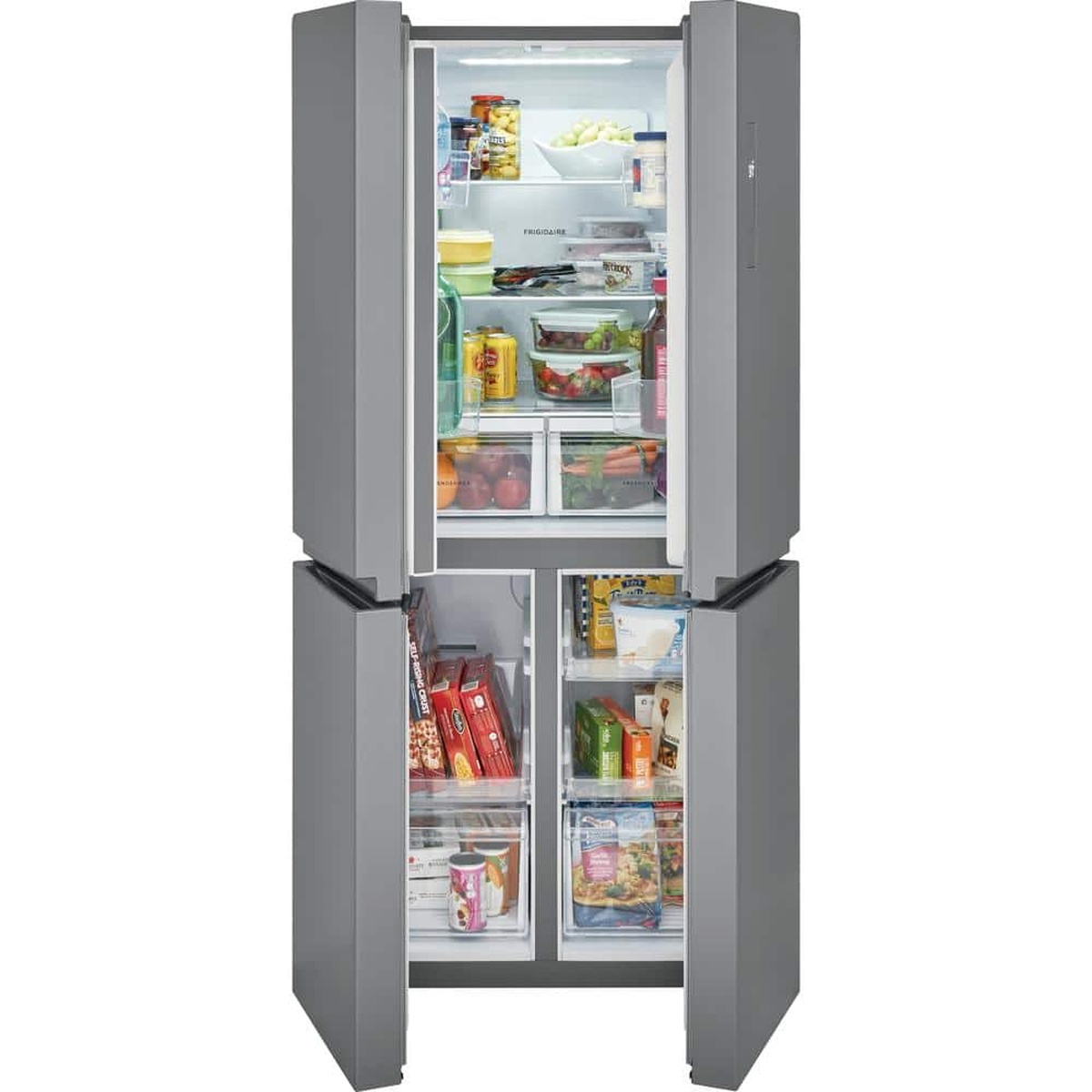 Frigidaire 4-door refrigerator shown open with adjustable shelves, door bins, crispers, and lower freezer compartments