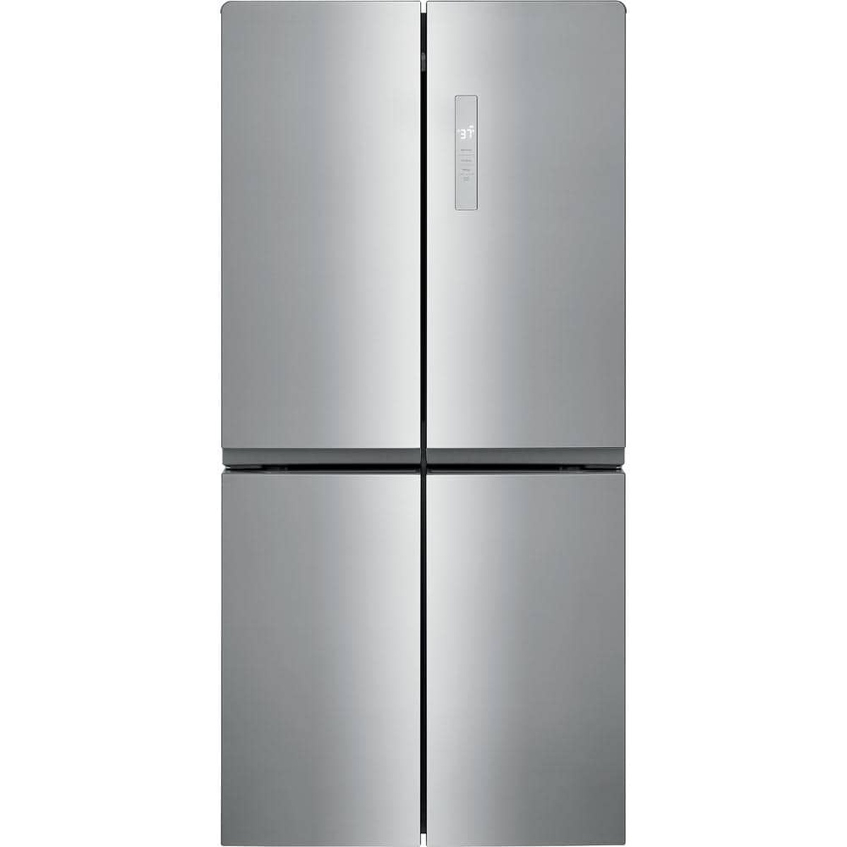 Front view of a Frigidaire 4-door refrigerator in stainless look finish with a slim control panel on the upper door