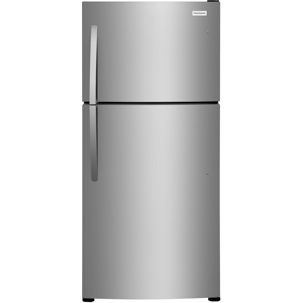 Front view of a stainless Frigidaire top-freezer refrigerator with long vertical handles