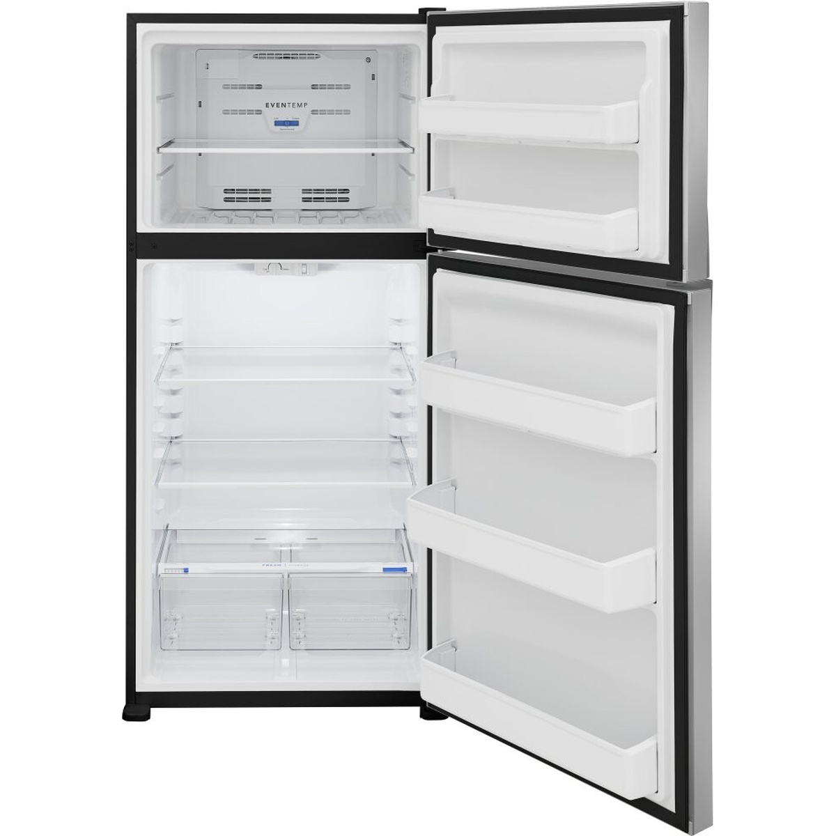 Open Frigidaire top-freezer refrigerator showing EvenTemp back panel, glass shelves, door bins, and two clear crispers