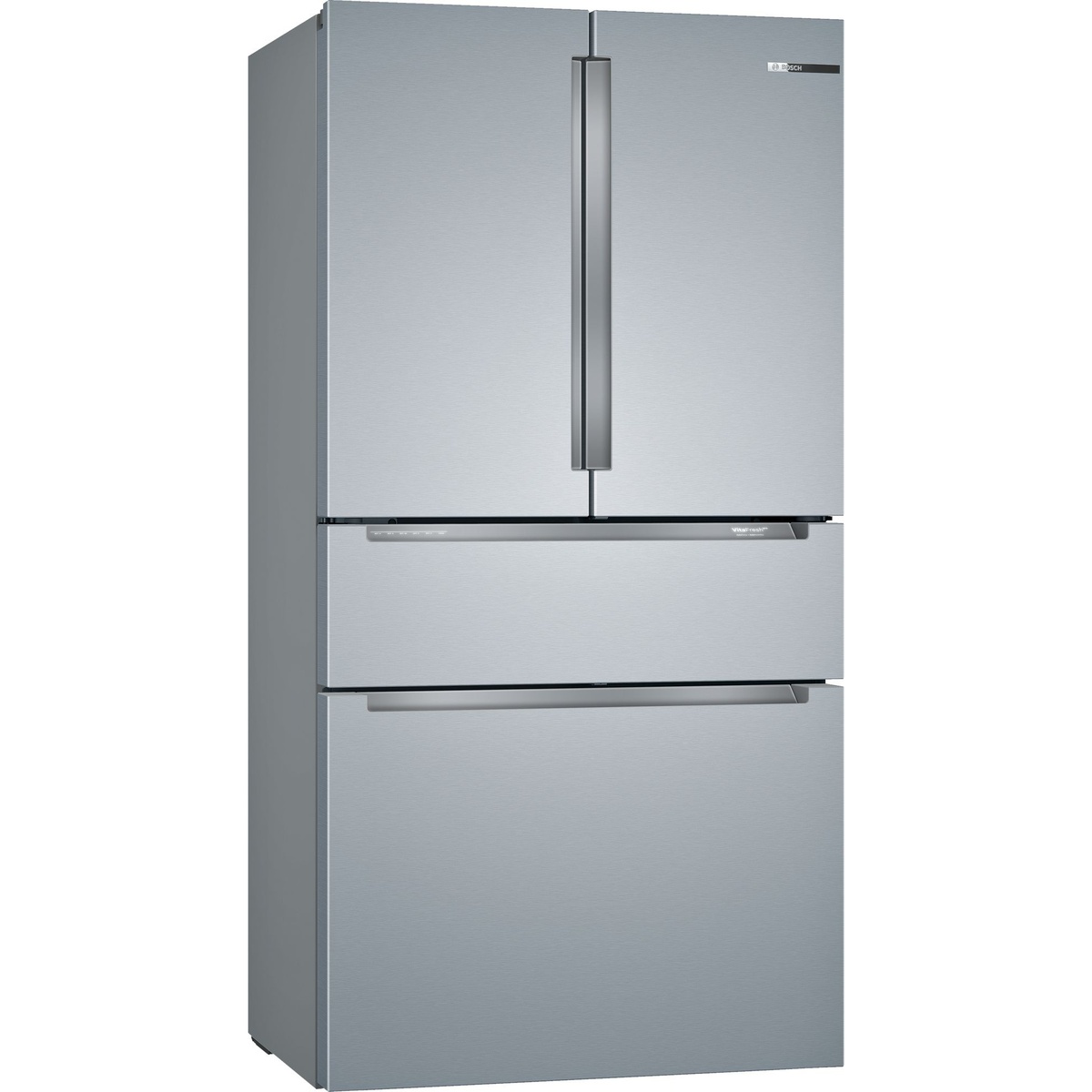 Angled view of Bosch stainless steel 4-door counter-depth refrigerator with recessed handles
