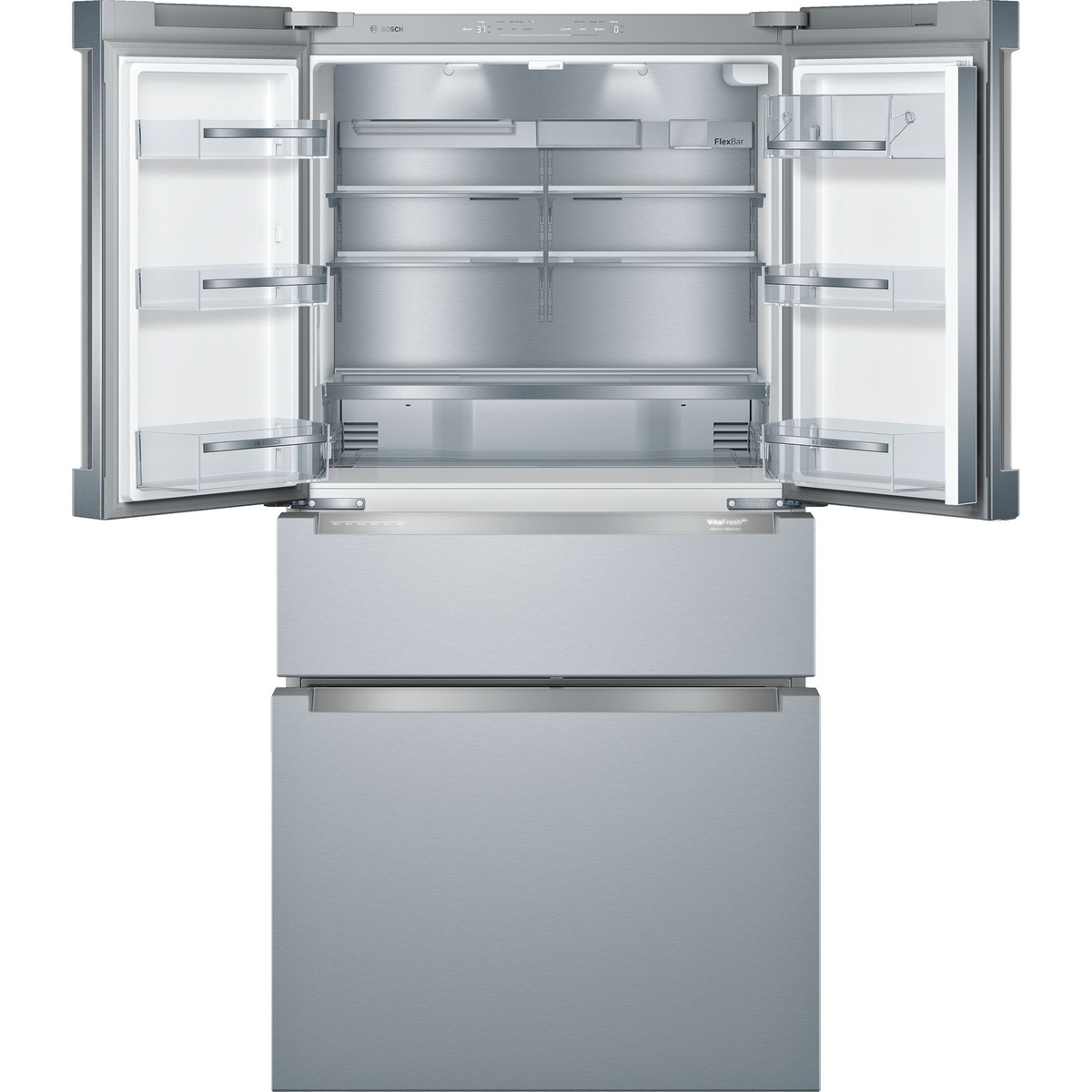 Open Bosch refrigerator showing adjustable shelves, door bins, and FlexBar accessory