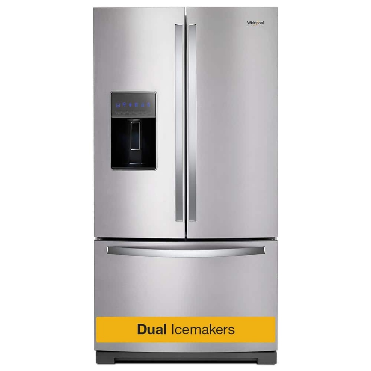 Front view of a Whirlpool fingerprint-resistant stainless steel French door refrigerator with exterior ice and water dispenser