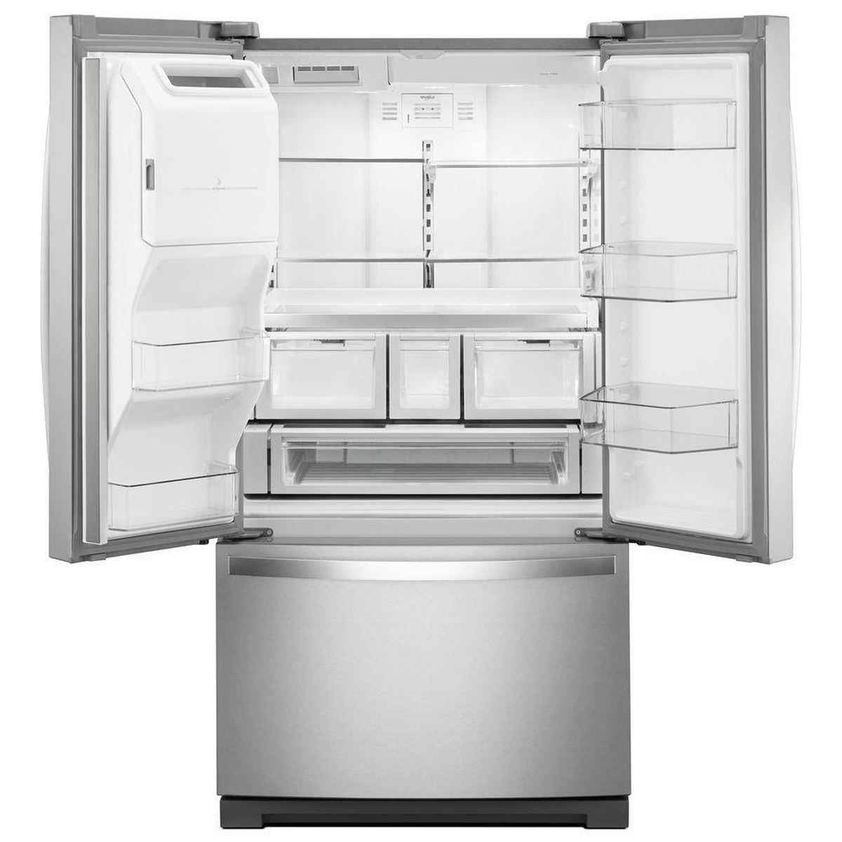 Open Whirlpool French door refrigerator showing in-door ice bin, adjustable shelves, door bins, and multiple clear drawers