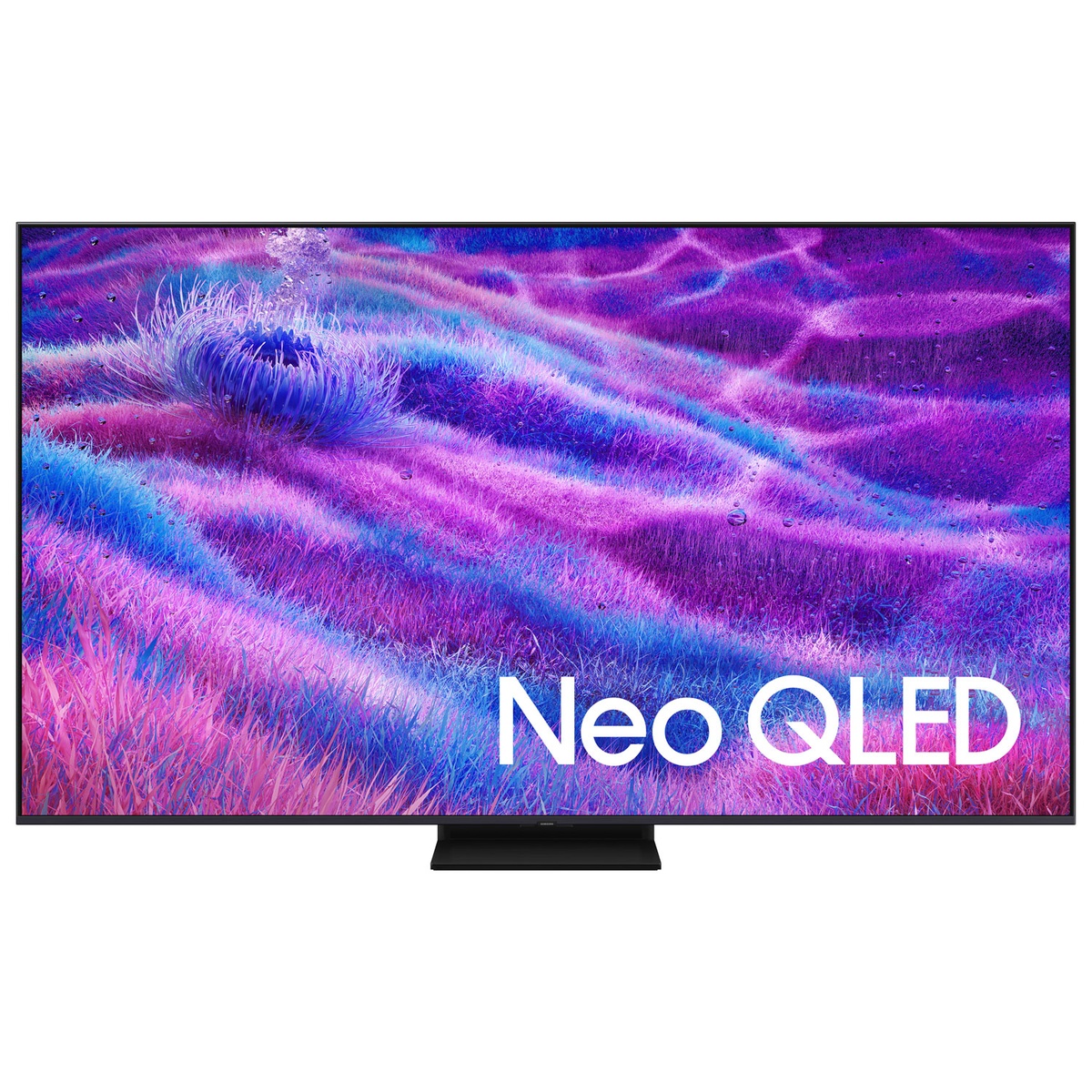 Front view of the Samsung TV on a center stand with Neo QLED text displayed on the screen