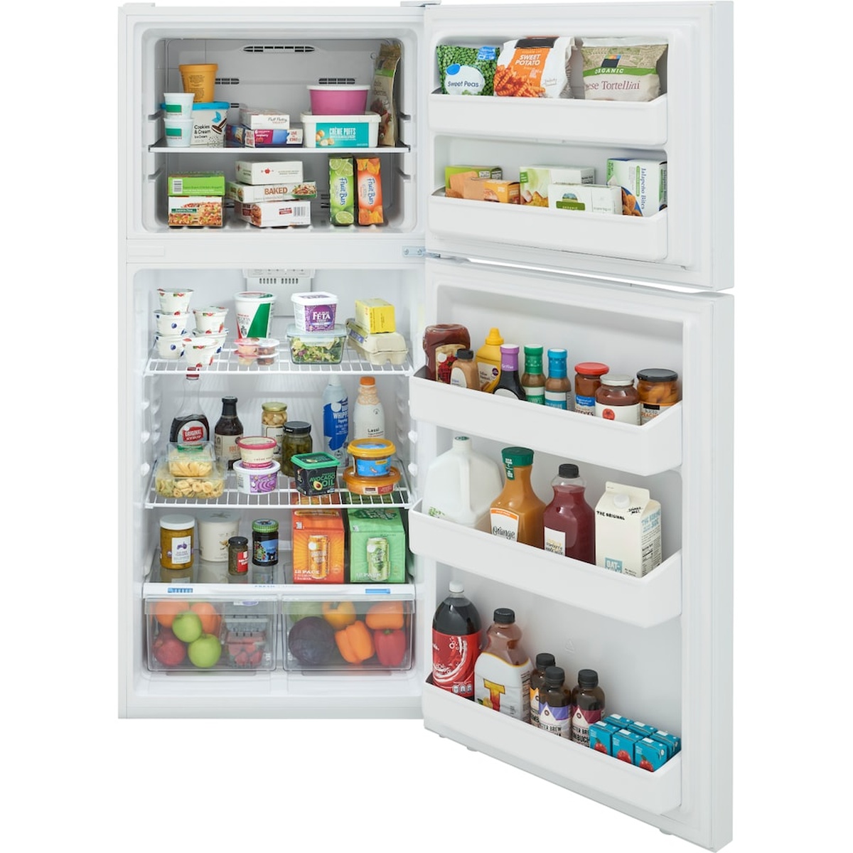 Open Frigidaire top-freezer refrigerator showing full-width shelves, door bins, and two clear produce drawers filled with food