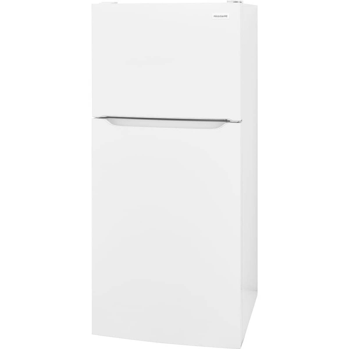 Angled front view of a white Frigidaire top-freezer refrigerator with integrated handle