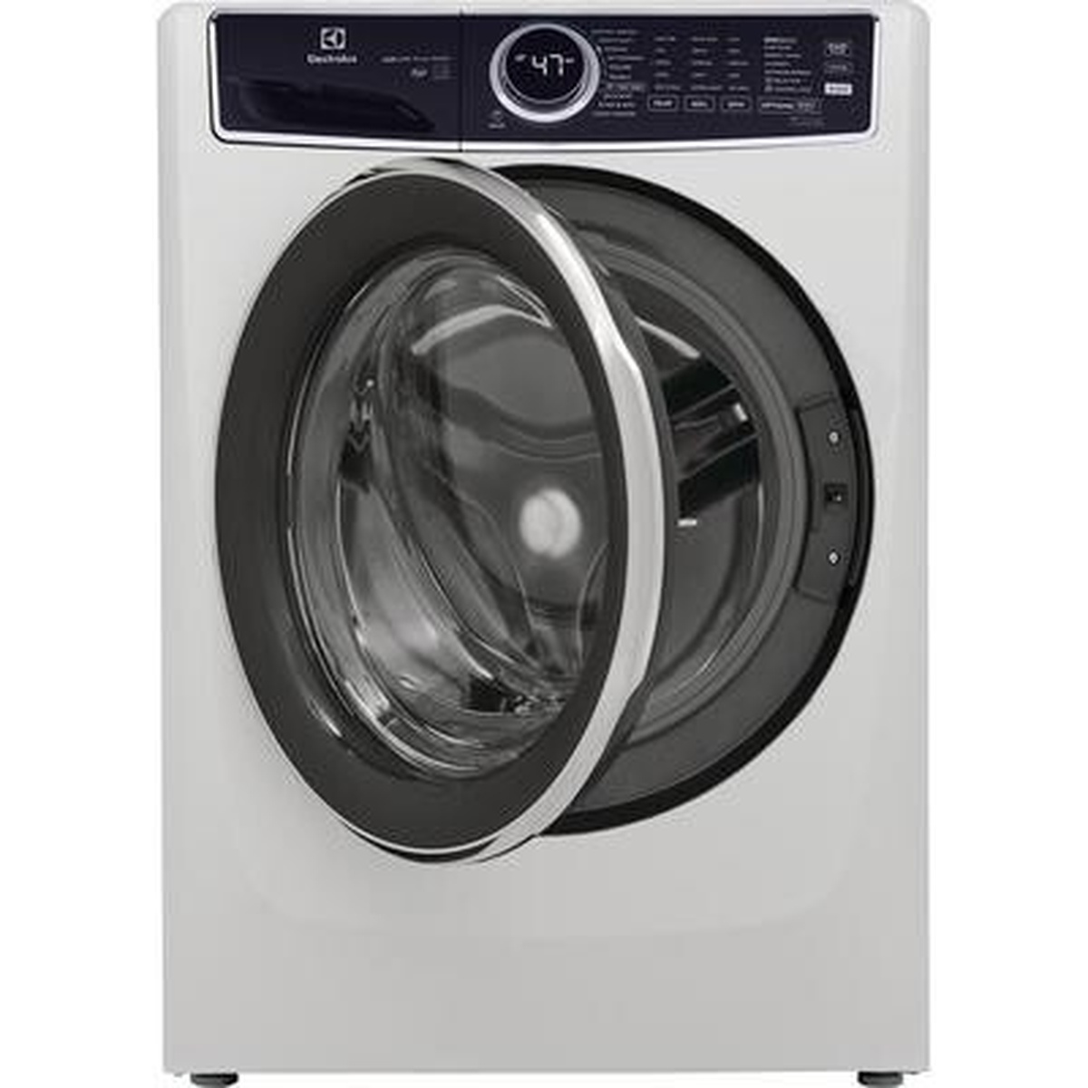 Front view of the Electrolux front load washer with the door open, showing the large opening and drum