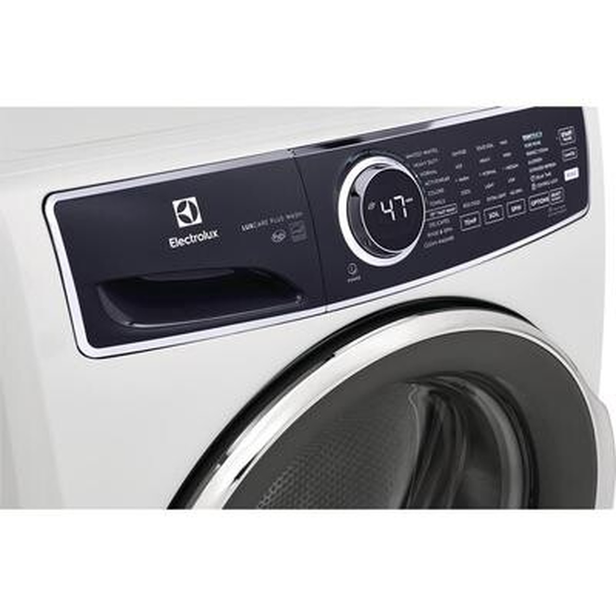Angled close-up of the Electrolux washer control panel with a central selector dial and digital display