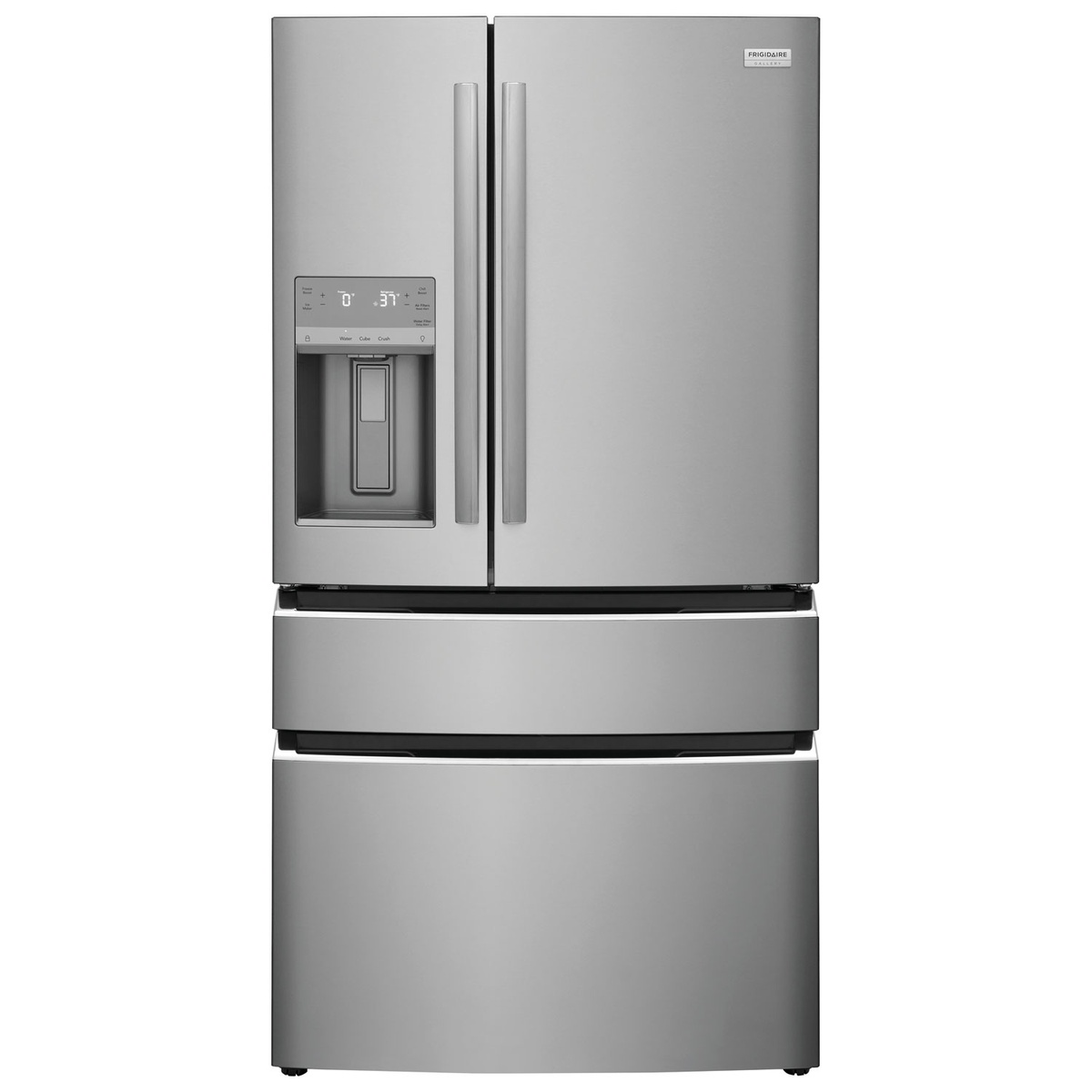 Front view of Frigidaire Gallery stainless steel French door refrigerator with external water and ice dispenser