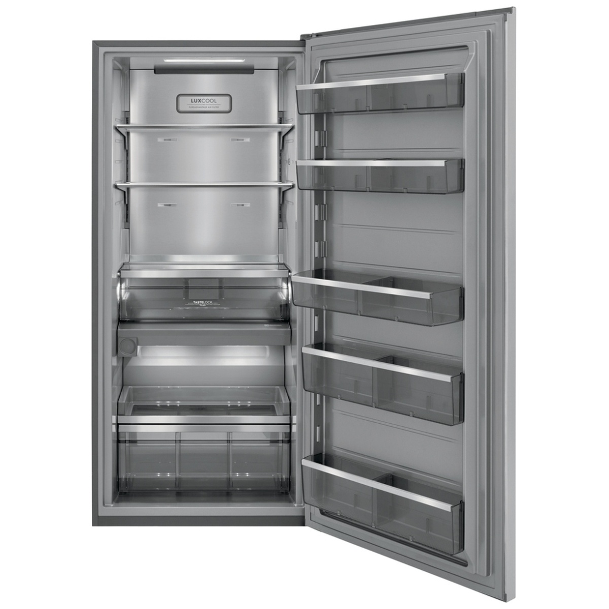 Open Electrolux all-refrigerator interior with glass shelves, door bins, and lower drawers